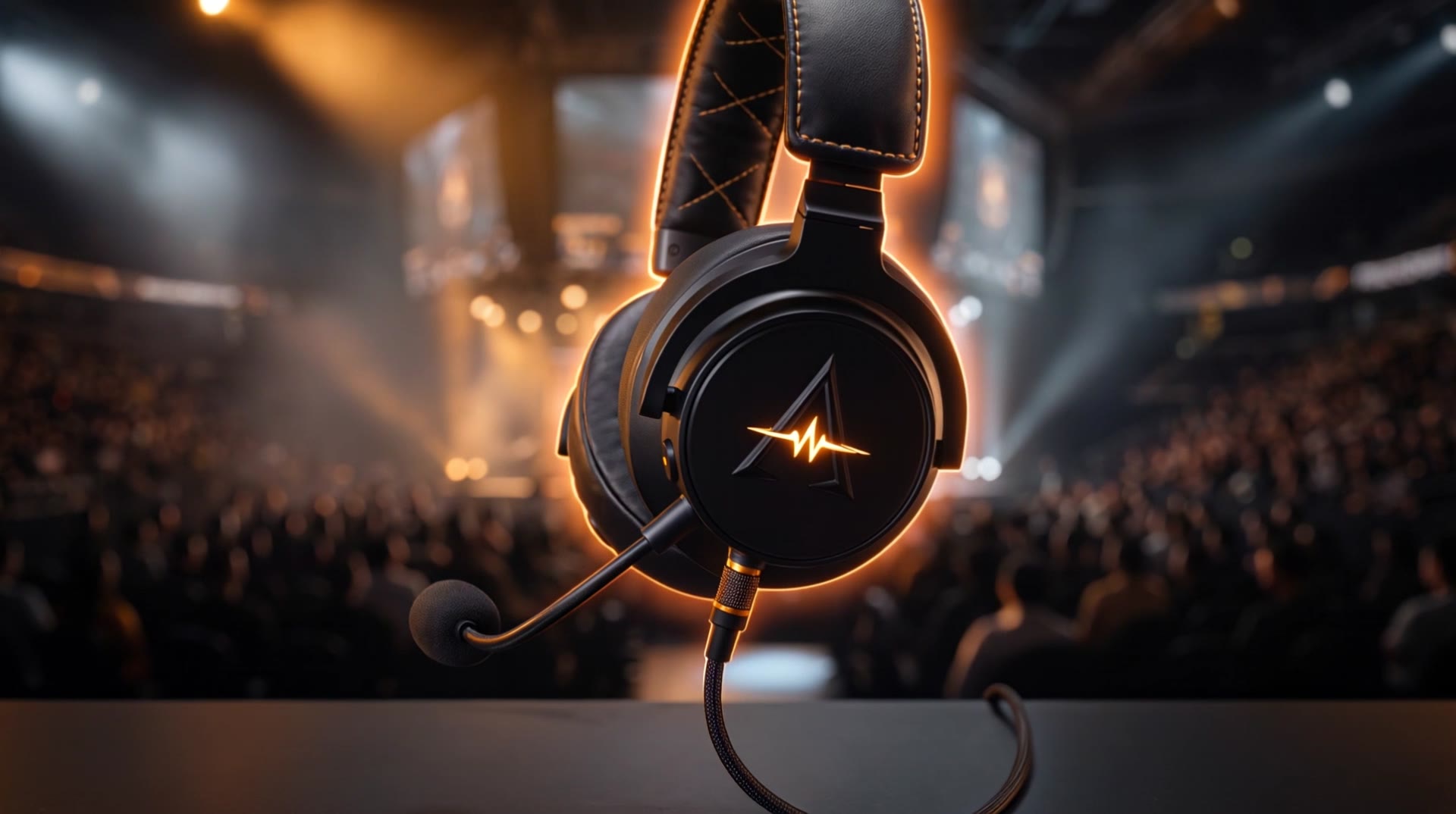 Close view of the Lark H1 earcup with the glowing amber A logo